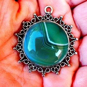 New Green Stripes Agate Metal Pendant.